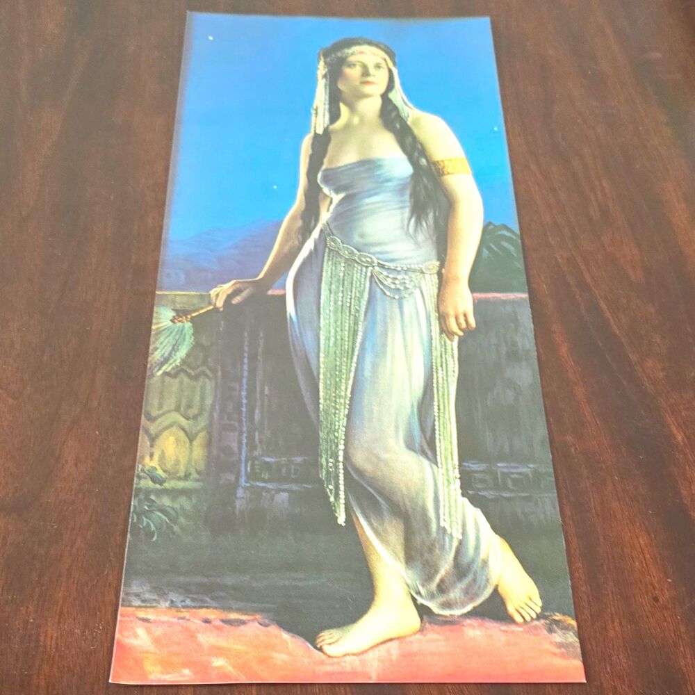 Vintage 1920s Egyptian Revival Panel Print 16x7 Woman Feather Fan Art Deco